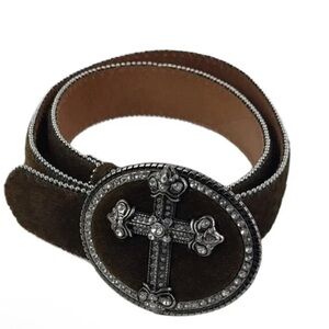 Genuine Leather and Calf Hair Belt With Rhinestone Cross Buckle Belt Size XL